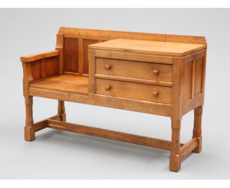 PETER HEAP OF WETWANGA RABBITMAN OAK HALL BENCH, CIRCA 1970'S/80'S, with two long drawers beside a seat with three-panel back