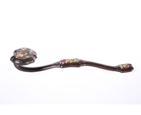 A CHINESE HARDWOOD RUYI SCEPTRE, applied with carved jade, mother-of-pearl and hardstones. 36.5cm