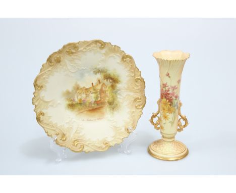 A ROYAL WORCESTER BLUSH IVORY TWIN-HANDLED VASE, c. 1900, the tapering body with scalloped rim, painted with floral sprays, o