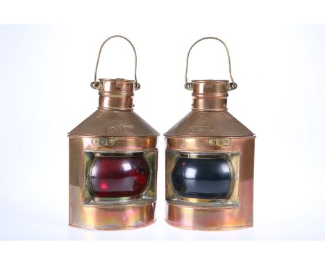 A PAIR OF CWC COPPER SHIPS LAMPS, one marked Port and the other Starboard. 23cm high excluding handle