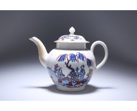 A LIVERPOOL PORCELAIN TEAPOT, c.1785-95,&nbsp;of globular form, the domed cover with pointed knop, painted in the Chinese Lad