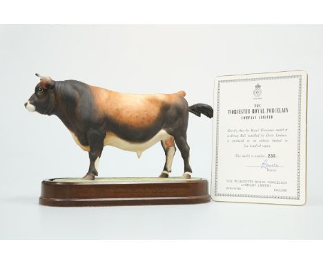 A ROYAL WORCESTER LIMITED EDITION MODEL OF A JERSEY BULL, MODELLED BY DORIS LINDNER, no. 233 (of 500), on a wooden plinth, wi