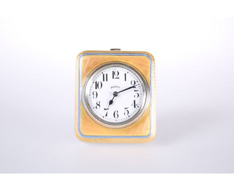 A FRENCH ENAMEL AND SILVER CLOCK, IMPORT MARKS FOR LONDON 1913, the circular white enamel dial with Arabic numerals within a 