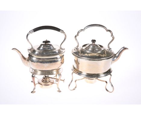 TWO EDWARDIAN SILVER-PLATED SPIRIT KETTLES, the first by Atkin Bros., with ebonised handle; the second of plain circular form