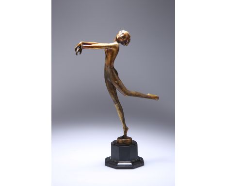 JOSEF LORENZL (1892-1950), A GILT-BRONZE FIGURE OF A NUDE DANCER,&nbsp;modelled with arms outstretched, signed to the base, o