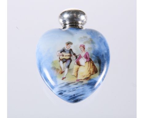 AN EDWARDIAN SILVER-TOPPED PORCELAIN HEART-SHAPED SCENT FLASK, BIRMINGHAM 1904, painted with a courting couple in 18th Centur