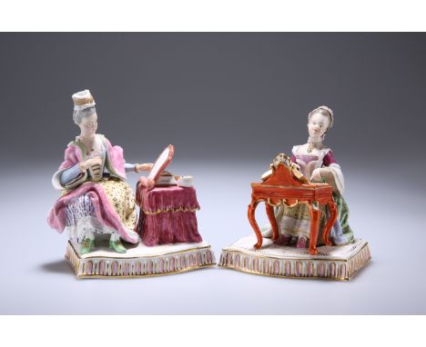 A PAIR OF MEISSEN FIGURES, LATE 19TH CENTURY, the first modelled as a lady sitting at a piano, the second a lady sitting at a