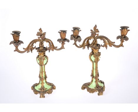 A PAIR OF CONTINENTAL GILT-BRONZE AND PORCELAIN TWIN-LIGHT CANDELABRA, LATE 19th CENTURY, in the Rococo taste, each baluster 