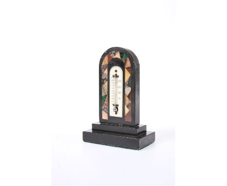 A VICTORIAN ASHFORD BLACK MARBLE AND PIETRA DURA DESK THERMOMETER, with arch-top and ivory scale. 14.5cm