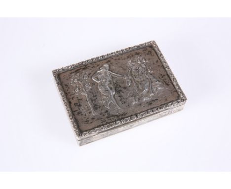 AN AUSTRIAN SILVER SNUFF BOX, rectangular, the hinged cover embossed with a Classical figure in robes filling her vessel from