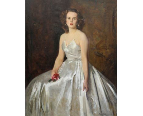 DAVID COWAN DOBSON (1894-1980), PORTRAIT OF LADY HOLDING A RED ROSE, signed lower right, oil on canvas, framed. 123cm by 97.5