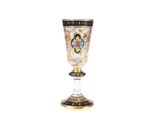 A SUBSTANTIAL BOHEMIAN ENAMEL PAINTED CASED GLASS GOBLET, 19th CENTURY, the bucket bowl painted with floral bands and cartouc