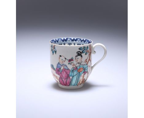 A WORCESTER MANDARIN COFFEE CUP, c. 1770, painted with figures in a garden, the interior rim with a blue geometric border. 6.