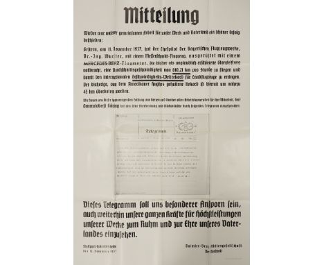 3. Reich: Aushang-Plakat Mercedes-Benz, Werk Stuttgart-Untertürkheim - Fluggeschwindigkeits-Weltrekord 1937.Plakat mit gedruc