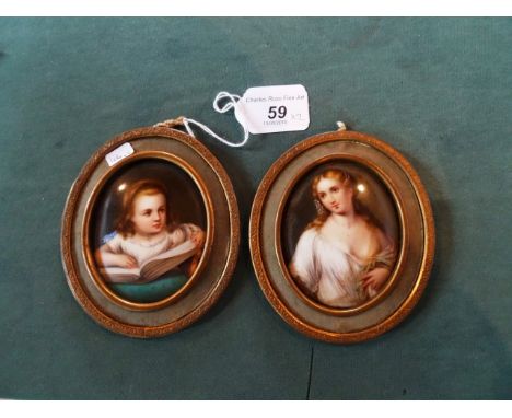 A pair of late 18th/early 19th century portrait miniatures, painted on porcelain, depicting a young girl with a book and an o