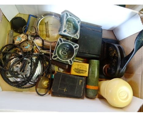 A quantity of miscellania to include: Victorian iron seal stamp, a leather cased travelling alarm clock, two Royal Doulton P 