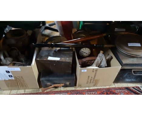 A large quantity of miscellaneous items, to include: mantle clocks, a large metal deed box, two warming pans, a scratch built