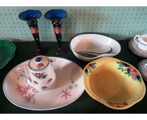 A pair of mid-20th century Crown Ducal Chinese Lantern trumpet vases (23cm), together with two Carltonware bowls, a Woodland 