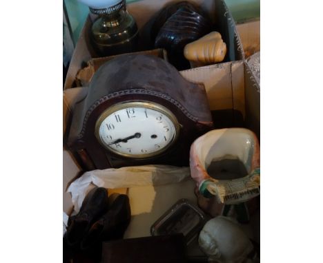 Two boxes containing assorted items to include: a Victorian brass oil lamp, a 19th century ceramic jar modelled as a Dickens 