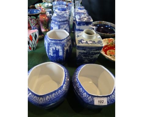 A pair of Maling Ware blue and white small jardinieres depicting scenes of Newcastle, together with six other items of blue a