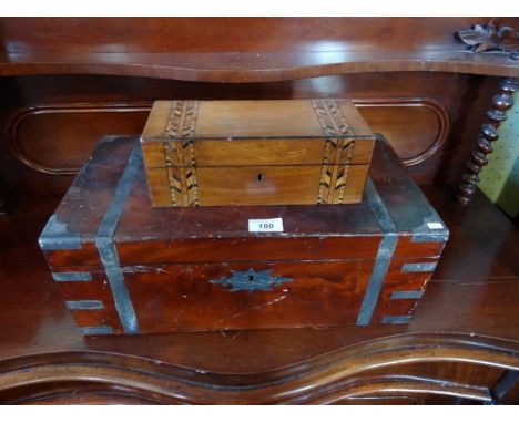 A Victorian mahogany and brass bound writing slope, 46cm x 25cm x 18cm, together with a Tunbridge Ware-style pen box, 25cm x 