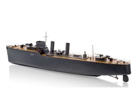 A WORKING SCALE MODEL OF A DESTROYER BY BASSETT-LOWKE LTD. CIRCA 1936the hull carved from the solid, finished in grey and num