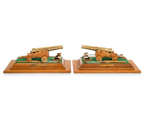 TWO WELL PRESENTED 1:16 SCALE MODEL SHIP'S 18PDR CANNON OF 1850modelled by C. Rains with 4in. polished brass four stage taper