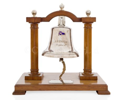 A ROYAL MOTOR YACHT CLUB TROPHY, 1934comprising a nickel plated brass bell, inscribed to front A.H.R.Fedden / 'Dolphin II' wi