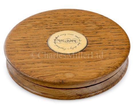A 'VICTORY OAK' SNUFF BOX, CIRCA 1820the lid inset with gold plate inscribed Victory surrounded by England Expects... -- 3¾in