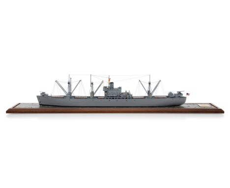  A WELL-PRESENTED 1:192 SCALE WATERLINE MODEL OF THE LIBERTY SHIP S.S. RICHARD MONTGOMERY [1943] with 26in. laminated and car