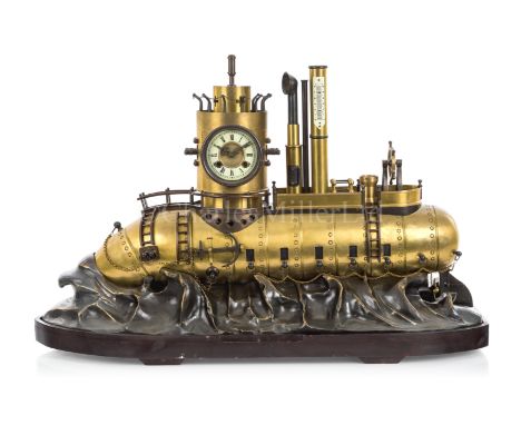 A LARGE BRASS NOVELTY CENTREPIECE CLOCK IN THE MANNER OF ANDRE GUILMET, 20TH CENTURYin the form of a stylised waterline subma