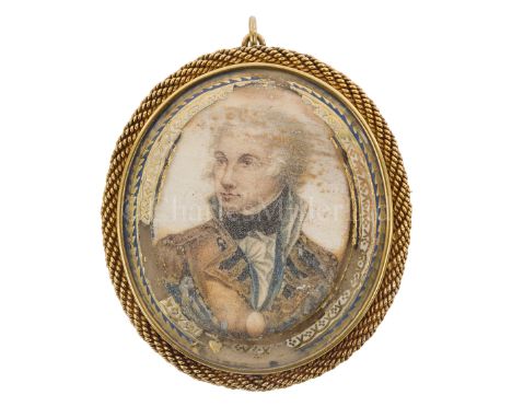 Ø A COMMEMORATIVE MINIATURE OF LORD NELSON oil on ivory after Daniel Orme with gilt work border, mounted in gold locket with 