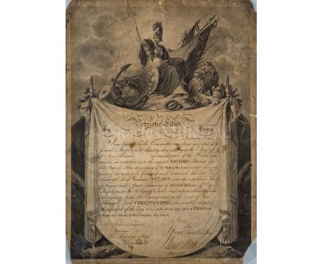 A LLOYD'S PATRIOTIC FUND HURT TICKET FOR TRAFALGARawarded to Robert Taylor, Marine from H.M.S. Minotaur, on decorative printe