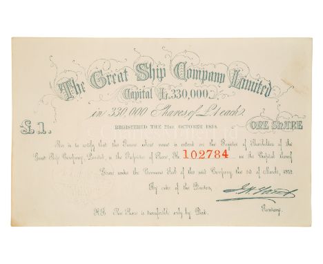A RARE GREAT EASTERN SHARE CERTIFICATE, CIRCA 1859a £1 single share certificate numbered 102784 -- 5 x 8¼in. (12.5 x 21cm.) 