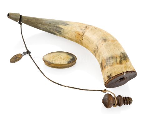 A 19TH CENTURY POWDER HORN inscribed SUCCESS TO THE BRITISCH [SIC] ARMS in a banner round centre, wooden bung with threaded s