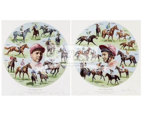 A pair of signed limited edition prints titled "Epsom's Tribute To Lester Piggott",with artwork by Roy Miller numbered 46/960