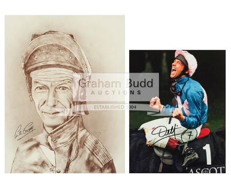 The signatures of the jockeys Lester Piggott & Frankie Dettori,the Piggott item a signed framed print, 43 by 36cm.; the Detto