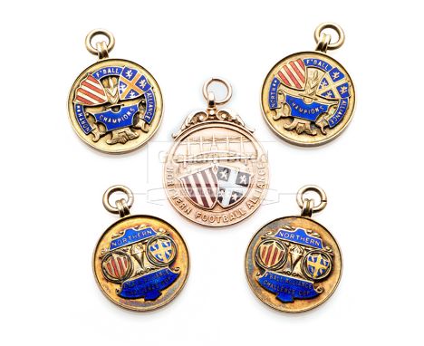 Five Northern Football Alliance medals,the earlier example in 9ct. gold & enamel Championship awarded to a Spen Black & White