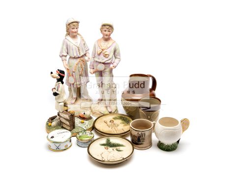 A lawn tennis-themed ceramics collection,comprising i) a large Denby treacle-coloured lemonade jug, 17cm. complete with a cro