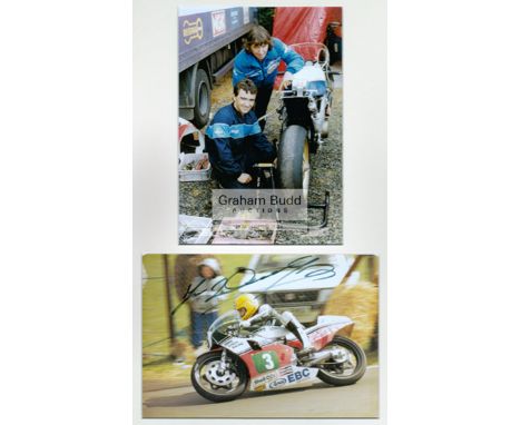 Joey Dunlop signed Ulster Grand Prix photo and other event ephemera,the signed pair of 1984 colour photos mounted ready for f