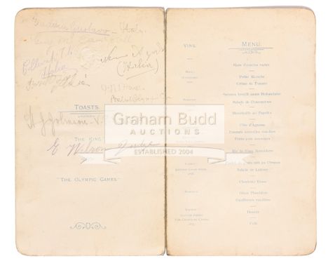 Autographed London 1908 Olympic Games banquet menu,to competitors and officials, held at the Holborn Restaurant, 16th July 19