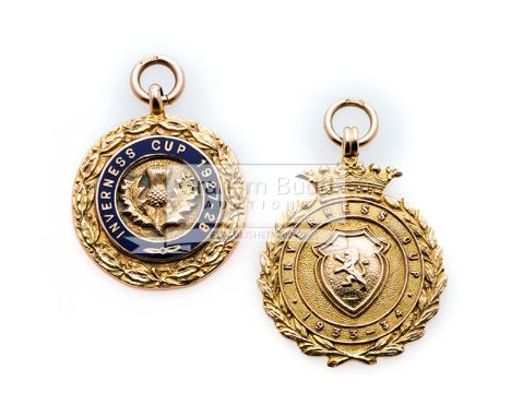 Two Inverness Cup winner's medals won by Inverness Thistle FC in seasons 1927-28 and 1933-34,the first 9ct. gold & enamel, in