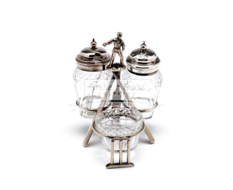 A Victorian cricket-themed cruet set circa 1885,silver plate & cut-glass by William Wheatcroft Harrison & Co., Sheffield, des