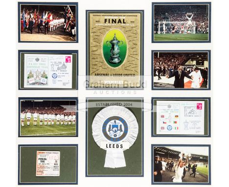 Leeds United 1972 F.A. Cup Final framed memorabilia display,incorporating first day covers signed by Don Revie and Billy Brem