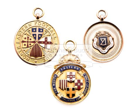 Three North Eastern Football League medals,all cased 9ct. gold & enamel, Champions v The Rest Referee 1930, Challenge Cup, un