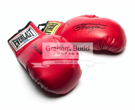 Boxing gloves signed by Muhammad Ali and Joe Frazier,two right-hand red Everlast gloves, the first signed by Ali, the other b