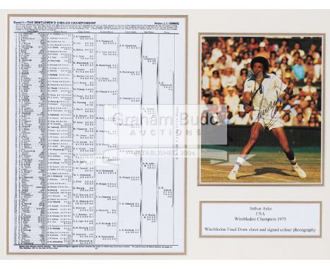 Arthur Ashe signed 1975 Wimbledon framed display,mounted with a signed colour photograph next to the 1975 Wimbledon draw shee
