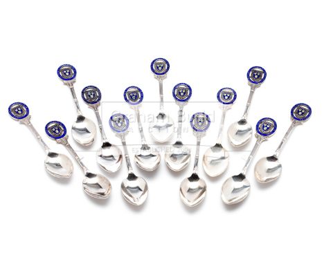 A group of 13 silver and enamel spoons awarded to Mrs G M Williams for winning both inter-county hard and grass court champio