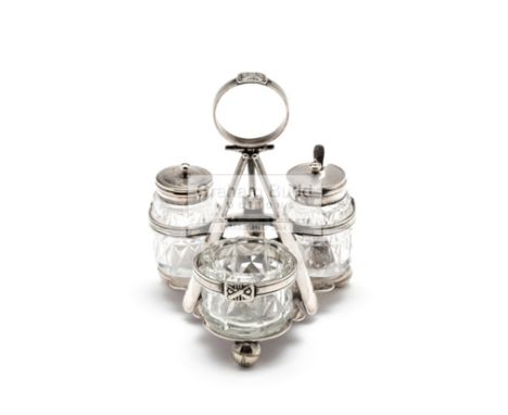 A Victorian cricket-themed cruet set circa 1890,silver plate & cut-glass, no maker's mark but probably by William Wheatcroft 