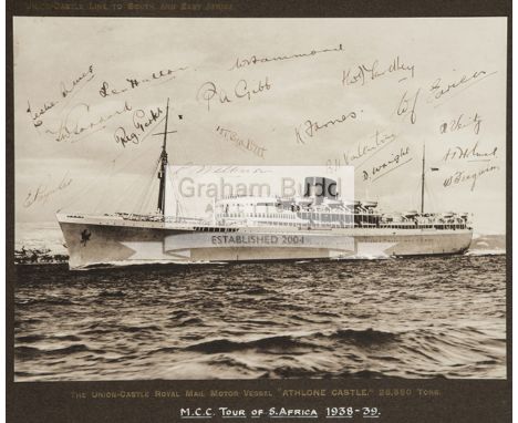 Fine sepia-toned photograph of the Union Castle M.V. "Athlone Castle" fully-signed by the MCC Touring team to South Africa in